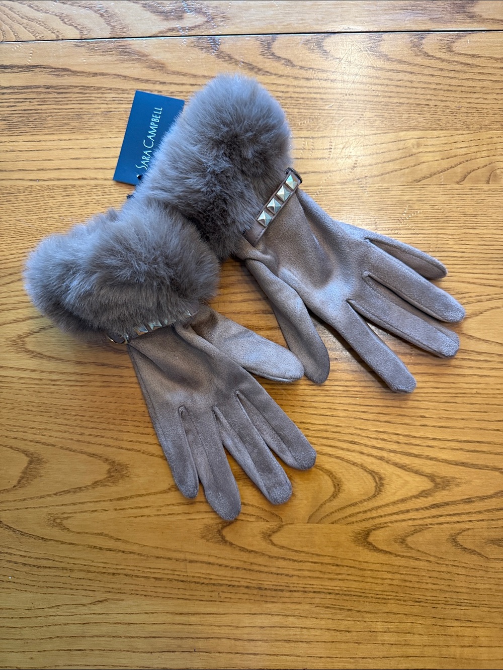 Sara Campbell Taupe Suede Gloves with Faux-Fur Cuffs and Stud Trim